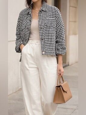 Houndstooth Cropped Jacket Snap Button Lightweight Spring Chic